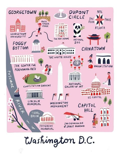 Washington Dc Art, Georgetown Washington Dc, Washington Dc Map, Kids Nursery Art, Jefferson Memorial, Map Illustration, Washington Dc Travel, Dc Travel, Washington Monument