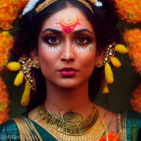 Goddess Face Painting, Indian Face Paints, Navratri Makeup, Brides Indian, Native American Face Paint, Mexican Makeup, Neon Paint, Carnival Makeup, Indian Goddess