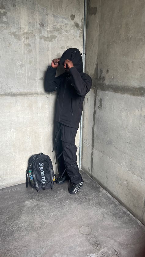 Outfit details: Black arcteryx windrunner, black cargos, black cpfm af1, supreme backpack. Cpfm Af1 Outfit, Cpfm Af1, Cargos Black, Af1 Outfit, Black Cargos, Supreme Backpack, Drippy Outfit, Black Outfit, Outfit Details