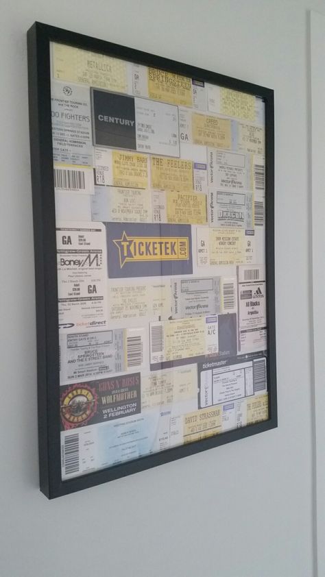 Football Card Display Ideas, Sports Tickets Display, Memorbillia Display Ideas, Concert Tickets Display, Organize Memories, Concert Ticket Display, Ticket Shadow Box, Ticket Display, Shadowbox Ideas