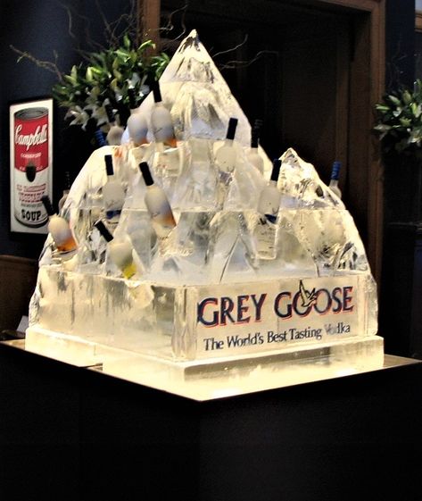 Grey Goose Ice Mountain Bottle Display Ice Display Ideas, Whiskey Display, Ice Mountain, Ice Luge, Vodka Ice, African Luxury, Ice Carving, Drink Display, Ice Bar