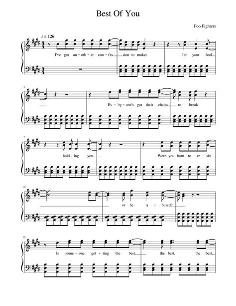 Print and download in PDF or MIDI Best Of You - Foo Fighters. Free sheet music for Piano. Made by niclas44. Foo Fighters Lyrics, Foo Fighters Songs, Poster Lyrics, Free Sheet Music For Piano, Popular Piano Sheet Music, Music Printables, Music Obsession, Country Song Quotes, Fake Smile Quotes