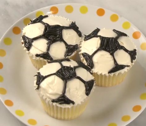 How to Decorate Soccer Cupcakes Soccer Cupcakes, Soccer Birthday Parties, Fun Decorations, Soccer Birthday, Blue Food Coloring, Allrecipes Recipes, Soccer Party, Soccer Game, Cupcake Frosting