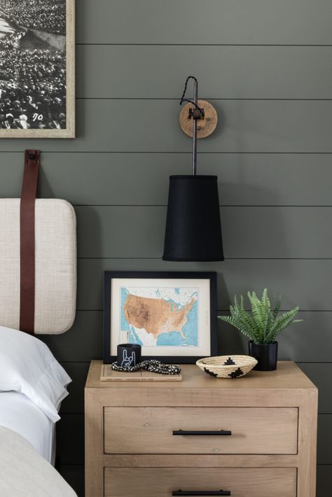 Boys Bedroom Design: Get The Look - Mindy Gayer Design Co. Olive Green Nightstand, Olive Green Boys Room, Boys Room Nightstand, Boys Green Bedroom, Green Teen Bedroom, Teen Boy Bedroom Paint, Boys Room Green, Green Boys Bedroom, Boys Room Paint Colors