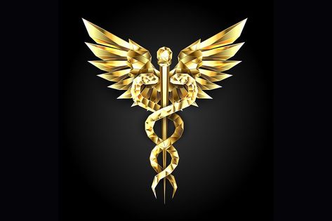 Gold polygonal Caduceus symbols on black isolated background. Low poly symbol of medicine.  ** Zip file includes editable EPS + high quality render in JPG format.** Doctor Logo Design, Symbol Of Medicine, Doctor Logo, Doctor Logos, Caduceus Symbol, Combat Gear, Medical Logo, Low Poly, Zip File