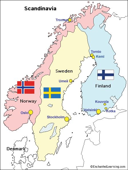 No such "place" as Scandinavia... a mountain range, Scandit Mountains, runs through Norway & Sweden... Finland, because attached, gets rolled in to "scandinavian countries" Swedish Heritage, World Thinking Day, Scandinavian Countries, Nordic Countries, Northern Europe, Travel Maps, Travel Deals, Helsinki, Peta