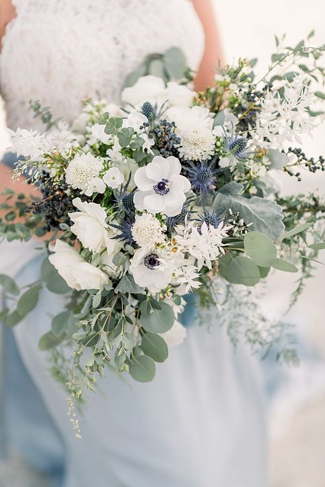 Coastal Wedding Flowers, Blue And White Bouquet, Daytona Beach Wedding, Airy Wedding Photography, Light And Airy Wedding, Blue Beach Wedding, Airy Wedding, Beachy Wedding, Winter Wedding Bouquet