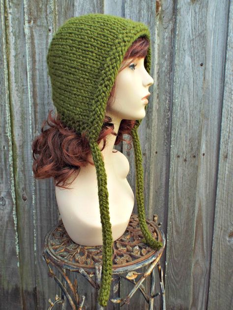 Chunky Knit Hat, Womens Hats, Winter Hats, Aviator Cap, Adult Bonnet, Steampunk Hood with Ties, Cilantro Green Olive Hat, Aviator Cap, Knit Bonnet, Hood Hat, Hats Winter, Womens Hats, Chunky Knit Hat, Aviator Hat, Pixie Hat