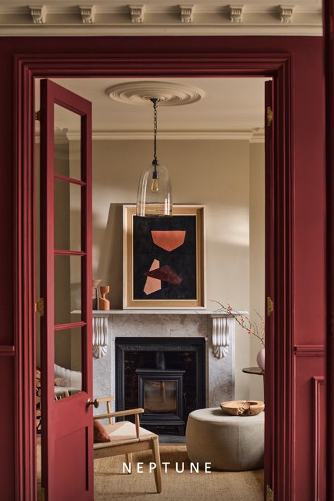 Neptune Color, Neptune Home, Color Plan, Colour Consultant, Chimney Breast, Neutral Walls, Red Interiors, True Red, Red Paint