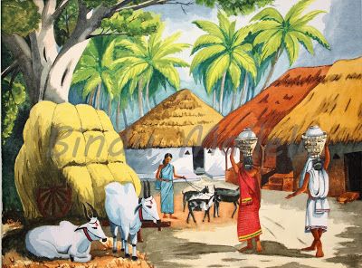 crazy for colors!: Indian village in water color Farmer Painting, Village Scene Drawing, Village Drawing, Village Painting, Drawing Scenery, Composition Painting, India Painting, Scene Drawing, Indian Village