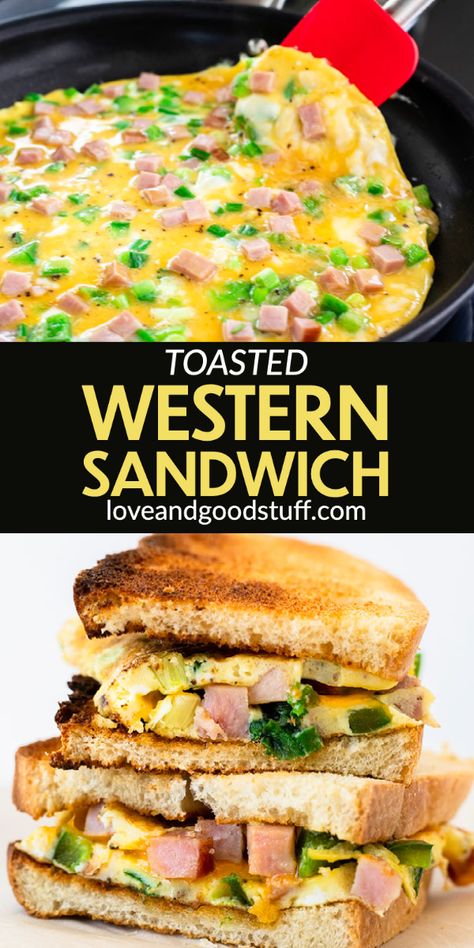 How to make a classic toasted western sandwich. This easy sandwich is the perfect quick breakfast or light meal and features a ham, onion and green pepper omelette stacked between two slices of toasted bread. Western Sandwich, Pepper Omelette, Sandwiches For Breakfast, Onion Omelette, Hoagie Sandwiches, Western Breakfast, Egg Sandwich Recipe, Best Breakfast Sandwich, Ham Breakfast