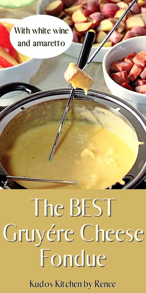 Swiss Fondue Recipe Gruyere Cheese, White Wine Fondue Recipes, Cheese Fondue With Wine, White Wine Cheese Fondue, Appetizer Fondue Recipes, Gruyere Fondue Recipes, Fondue Cheese Recipe Easy, Best Cheese Fondue Recipe, Dessert Fondue Ideas