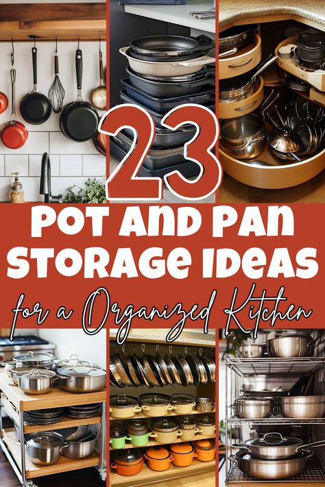 Looking for ways to organize your kitchen? These 23 genius pot and pan storage ideas will help you declutter, save space, and make cooking easier! #kitchenorganization #storageideas #declutter #kitchenhacks #organizeyourhome Organize Casserole Dishes, Pantry Pot Storage, Kitchen Storage Ideas Pots And Pans, Diy Lid Holder For Pots And Pans, Cooking Pans Organization, Under Cabinet Pots And Pans Organization, Organize Kitchen Tools, Storing Pots And Pans In Cabinet, Kitchen Pan Storage Ideas