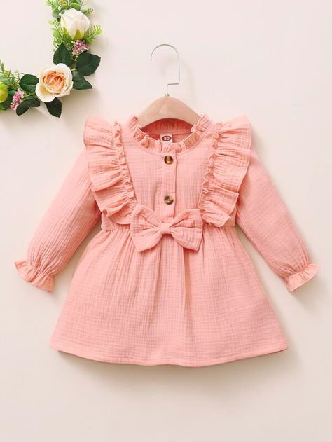 Baby Girl Ruffle Trim Bow Front Dress | SHEIN USA Pink Long Sleeve Dress, Baby Girl Princess Dresses, Kids Dress Wear, Baby Dress Design, Girls Frock Design