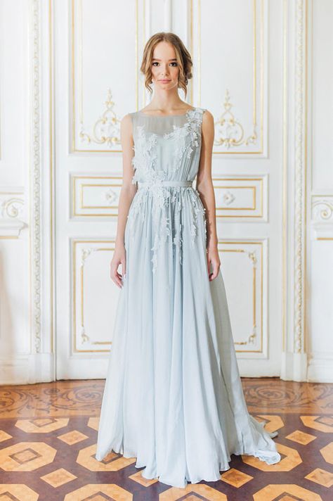 Sleeveless blue wedding gown with floral lace appliques Powder Blue Dress Wedding, Blue Dress Wedding Guest, Blue Dress Wedding, December Wedding Dresses, Powder Blue Wedding, Pale Blue Wedding, Blue Wedding Gowns, Powder Blue Dress, Blue Wedding Dress