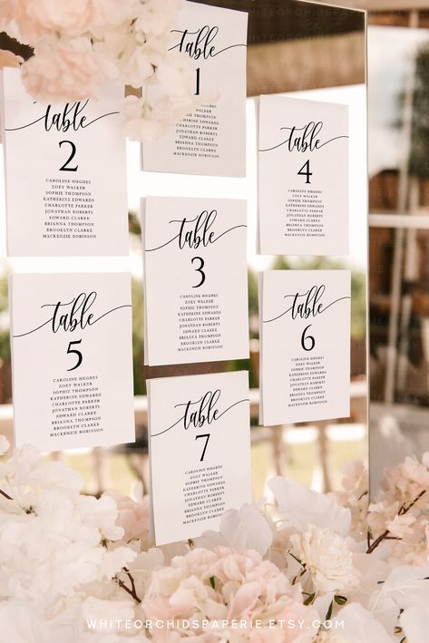 "- BUY 3 OR MORE GET 50% OFF! - Discount applied automatically at checkout. - TRY the Free DEMO Before You Buy! Looking for the perfect seating cards for your wedding day? Look no further than our modern chic calligraphy seating cards! Our seating cards come in both 4\"x6\" and 5\"x7\" sizes, making them the perfect fit for any wedding reception. And for your guests who need help finding their seat, our 9\"x4\" \"Find Your Seat\" card will make sure they don't miss a beat. And don't forget about Quinceanera Table Cards, Wedding Seating Chart 6 Tables, Guest List Seating Chart, Wedding Guest Chart Reception Seating, Seat Placement Cards Ideas, Unique Wedding Place Card Ideas Seating Charts, Seating Cards Wedding Ideas, Diy Table Cards Wedding, Table Directory Wedding