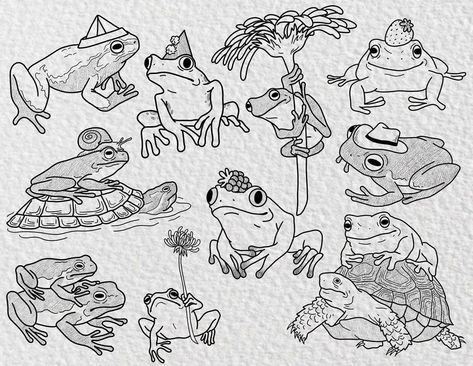 Derpy Frog Tattoo, Dumpy Frog Tattoo, Ghost Frog Tattoo, Frog Line Art Tattoo, Whimsical Frog Tattoo, Frog Tattoo Linework, Toad Tattoo Simple, Cute Toad Tattoo, Cute Tortoise Tattoo