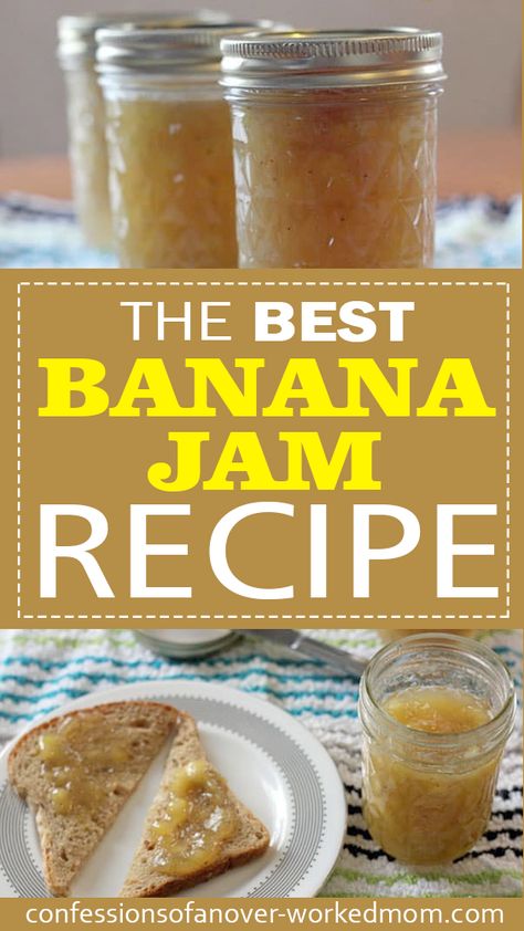 So, I learned how to make banana jam years ago.  Bananas were marked down at the grocery store because they were getting spots. I was certain I would use them all before they turned but  I didn’t.  So, I really hate to see anything go to waste. I found a recipe that taught me how to make banana jam because jam is an easy way to use up soft fruits. Banana Jam Recipe, Frozen Banana Recipes, Banana Jam, Home Canning Recipes, Jam Recipes Homemade, Canning Jam, Homemade Jelly, Overripe Bananas, Jam And Jelly