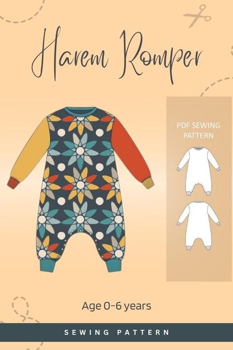 Harem Romper sewing pattern (Age 0-6 years) Harem Romper Pattern Free, Kids Patterns Sewing, Onesie Sewing Pattern Free, Baby Boy Sewing Patterns Free, Toddler Boy Sewing Patterns, Free Baby Romper Sewing Pattern, Infant Sewing Patterns, Free Toddler Sewing Patterns, Boys Sewing Patterns Free