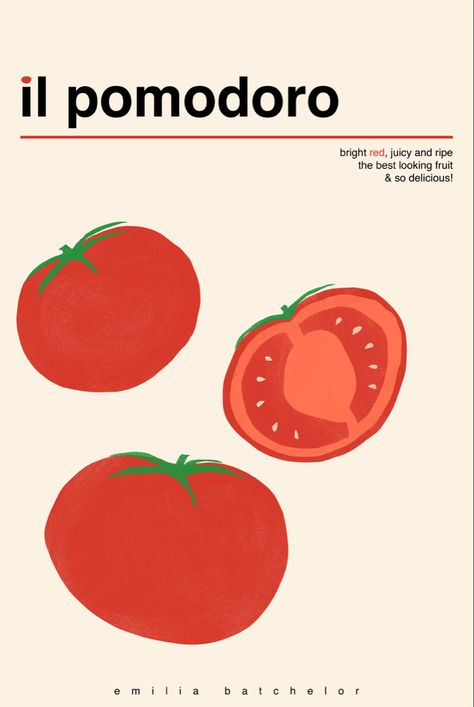 Emilia Batchelor on Instagram: "🍅 experimenting!" illustration abstract simple shape design of three red tomatoes. bright ref circular shape, textured. typography type design poster design mock up drawing design fruit advertisement Tomato Poster Design, Tomato Vector Illustration, Tomato Graphic Design, Tomato Aesthetic, Tomato Character, Tomatoes Illustration, Aesthetic Tomato, Tomato Logo, Tomato Poster