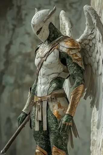 ↑↑↑ Larger size on website 🔸 A warrior angel stands with a staff in hand, their face obscured by a helmet with feathered wings. T Armored Wings, Winged Armor, Angelic Armor, Wing Armor, Angel Knight, Angel Armor, Warrior Angel, Feathered Wings, Golden Wings