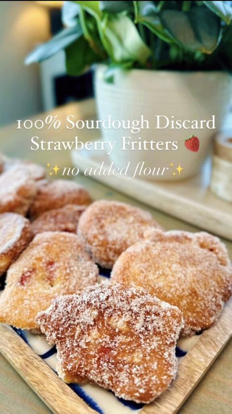 Sourdough Discard Strawberry Fritters Sourdough Recipes With Strawberries, Sourdough Fritters, Sourdough Discard Strawberry, Strawberry Fritters, Strawberry Sourdough, Recipe Using Sourdough Starter, Strawberry Cobbler, Pumpkin Banana Bread, Discard Recipes