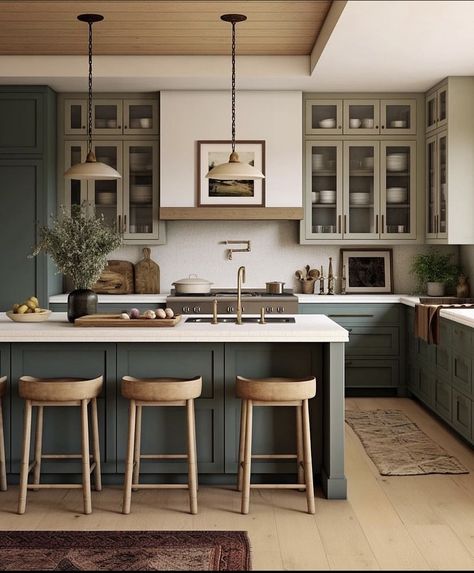 Kitchen Transitional, Green Cabinets, Hus Inspiration, Transitional Kitchen, Loft Design, Kitchen Inspiration Design, Modern Farmhouse Kitchens, Transitional Decor, Green Kitchen