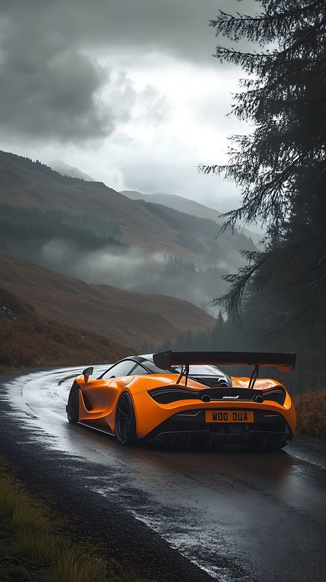 A vibrant orange McLaren sports car with a large rear wing sits on a winding mountain road surrounded by tall, dark trees and a misty, cloudy sky. Car Wallpapers 4k, Orange Mclaren, Mclaren Sports Car, Exotic Wallpaper, Dark Trees, Cars Pictures, Relaxing Videos, Dark Tree, Mclaren Cars