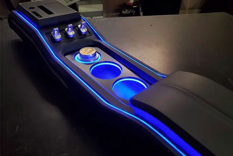 Upgrade Your Car with Style and Accent Lights Custom Consoles Car, Custom Auto Interiors, Custom Center Console Truck, Custom Car Interior Diy, Car Customization Ideas, Custom Subwoofer Enclosure, Lexus Sedan, Car Audio Fabrication, Vw T3 Doka