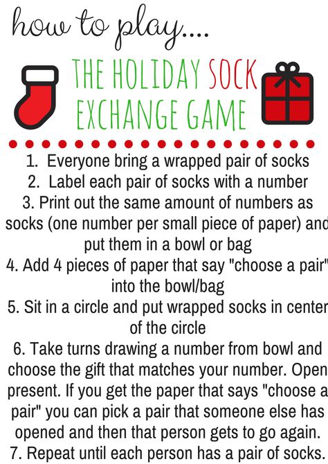 How to Play the Holiday Sock Exchange Game- Free Printable Sock Exchange Game, Christmas Socks Exchange, Christmas Gift Exchange Games, Christmas Gift Games, Xmas Games, Gift Exchange Games, Fun Christmas Party Games, Fun Christmas Games, Christmas Gift Exchange