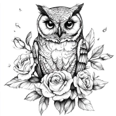 Owl And Carnation Tattoo, Mandala Owl Tattoo Design, Owl And Rose Tattoo, Owl With Flowers Tattoo, Owl And Flower Tattoo, Owl Tattoo For Women, Hedwig Tattoo, Owl With Flowers, Mandala Owl