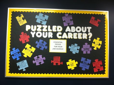 "Puzzled about your Career?" Advice on job searching Career Bulletin Boards, School Counselor Bulletin Boards, Counselor Bulletin Boards, Guidance Office, Counseling Bulletin Boards, High School Bulletin Boards, College Bulletin Boards, Ra Bulletin Boards, High School Counseling