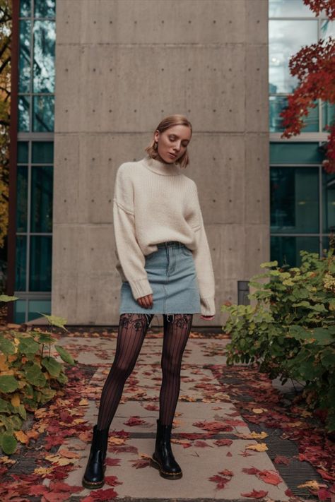 Fall outfit featuring a cream sweater, denim mini skirt, women's black polka dot stockings, and Dr. Martens boots, styled by a woman standing outside a tall building, the path covered in autumn leaves. Big Sweater With Tights, Denim Skirt And Stockings Outfit, Black Mini Skirt And Stockings Outfit, Short Denim Skirt Outfits Winter, Denim Mini Skirt Outfit Fall, Denim Skirt Outfits Winter, Denim Skirt With Tights, Denim Skirt Tights, Short Denim Skirt Outfits