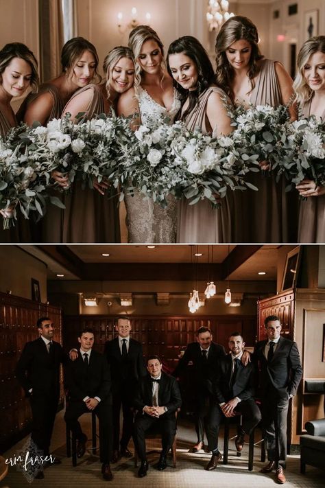 Indoor Wedding Family Photos, Winter Wedding Pictures Bridal Party, Wedding Party Photos Indoor, Indoor Bridesmaid Photos, Winter Wedding Photography Indoor, Winter Bridal Party Photos, Moody Bridal Party Photos, Indoor Winter Wedding Photos, Bridal Party Wedding Photo Ideas