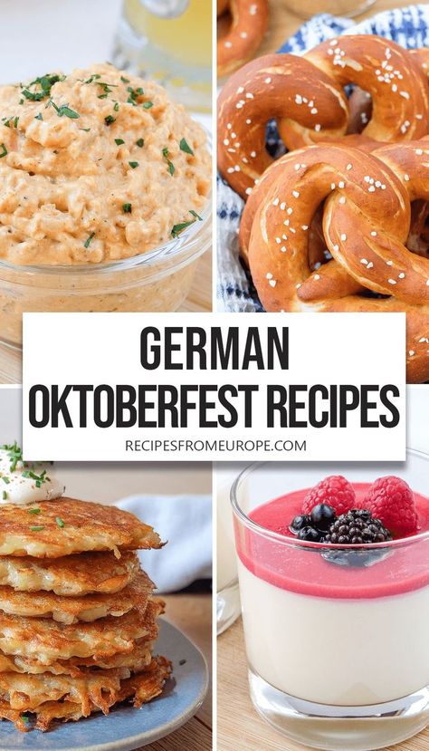 photo collage of cheese spread, pretzels, potato pancakes, and bavarian cream with text in the middle "German Oktoberfest recipes". German Octoberfest Recipes, German Party Food, Oktoberfest Party Food, Pennsylvania Recipes, Octoberfest Recipes, German Drinks, German Recipes Dinner, German Meals, German Food Recipes