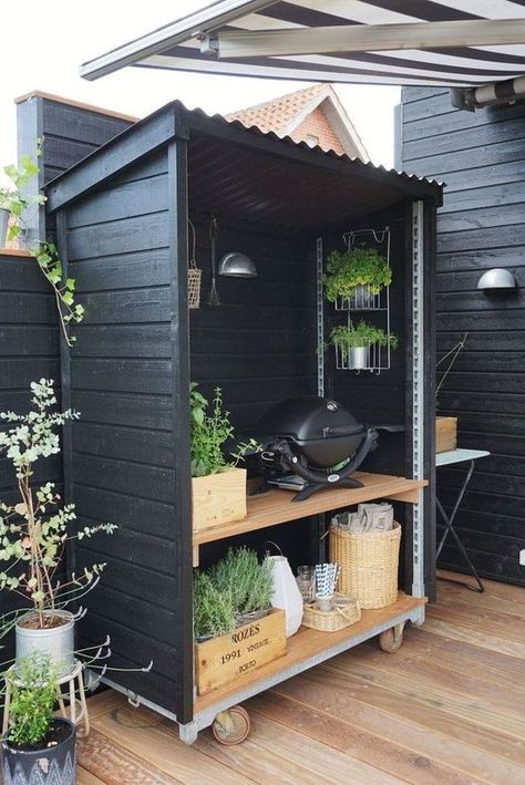 [AffiliateLink] A Small And Cozy Scandinavian Kitchen With A Wooden Unit Covering Shelves With A Grill And Some Garden Herbs Is A Genius Idea #smallbackyardkitchen Small Garden Inspiration, Black Shed, Outdoor Bbq Kitchen, Small Backyard Patio, Small Backyard Pools, Budget Backyard, Small Backyard Design, Outdoor Kitchens, Outdoor Bbq