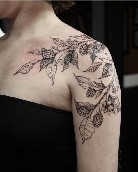 Forearm Garden Tattoo, Blackberry Vine Tattoo Arm, Blackberry Collar Bone Tattoo, Nature Collar Bone Tattoo, Blackberry Shoulder Tattoo, Blackberry Tattoo Sleeve, Botanical Neck Tattoo, Raspberry Plant Tattoo, Black Raspberry Tattoo