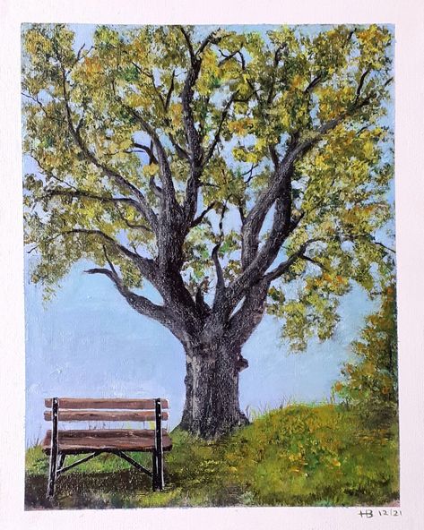 Person Sitting Under Tree Drawing, Two People Sitting Under A Tree Drawing, Reading Under A Tree Drawing, Park Bench Drawing, Park Bench Painting, Acrylic Painting Park Bench, Bench Drawing, Looking Up Through Trees Painting, Spring Drawing