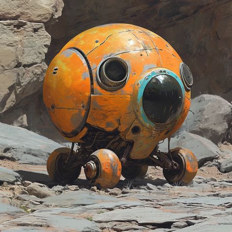 concept art for a small spherical droid that balances on wheels like a tricycle. The robot has oval shaped windows connected by compartment lines on its mechanical exterior. It is simple. but colorful and looks to be made from scrap parts. It has a more regal feel to it. It is in a rocky environment --v 6 Simple Robot Concept Art, Rocky Environment, Shaped Windows, Robot Concept, Wheel Art, The Robot, Robots Concept, Robot Concept Art, Tricycle