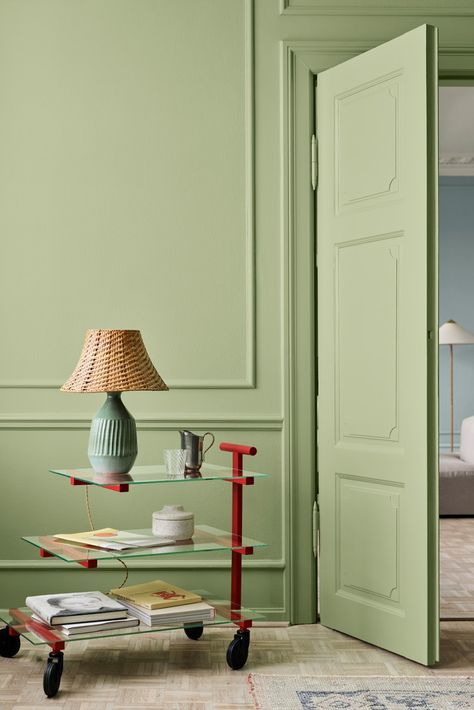 Discover 0470 AVOCADO GREEN, a fresh, verdant, and gleeful color with an uplifting aura.  Explore this interior paint now on Jotun Egypt. Wall Paint Treatments, Green Interior Paint, Jotun Lady, Green Avocado, Airbnb Design, Calming Bedroom, Yellow Bedding, Green Colour Palette, Paint Brands