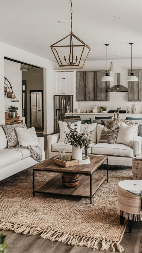 Farmhouse Living Room With Dark Floors, Rustic Modern Furniture Living Room, Chic Rustic Living Room, Small Living Room Modern Farmhouse, Neutral Living Space, Modern Cottage Apartment, Transitional Neutral Living Room, Modern Rustic Living Room Decor Ideas, Neutral Rustic Living Room