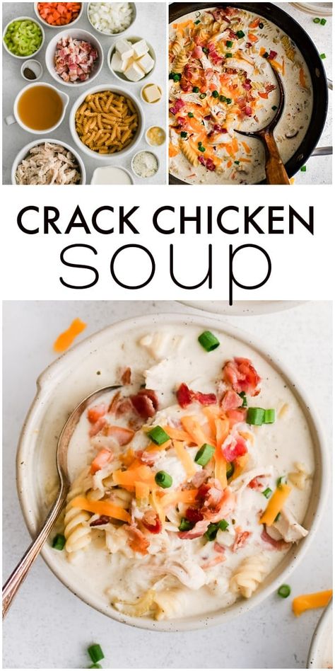 This Creamy Crack Chicken Soup is loaded with shredded chicken, crisp bacon, cooked pasta, ranch seasonings, and all of your favorite creamy crack-inspired ingredients, like cream cheese and heavy cream. It takes just 45 minutes to make and will have the whole family begging for seconds! Shredded Chicken Soup Crockpot, Cracked Chicken Soup, Chicken Soup Crockpot, Recipe Using Chicken, Chicken Gnocchi Soup, Cooked Pasta, Crockpot Recipes Slow Cooker, Chicken Bacon, Delicious Soup