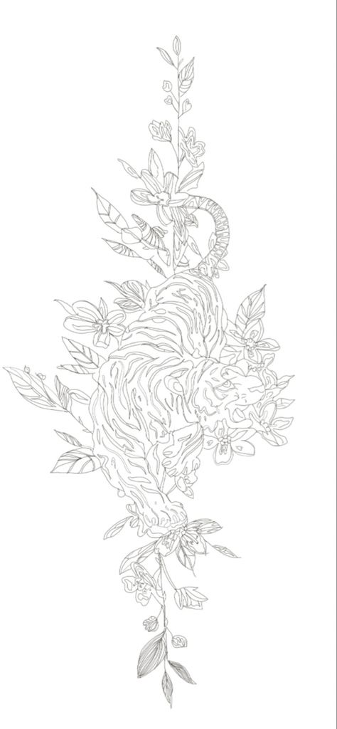 tiger on a branch with flowers and leaves coe the spine. Please enjoy my idea. Please follow me so I can become a young creator. Thank you so much Back Tattoo Women Tiger, Tiger Back Tattoo Woman, Tiger Tattoo For Women Back, Tiger Spine Tattoo, Female Back Tattoos Full, Tiger Tattoo For Women, Tattoos Lily, Tiger Back Tattoo, Tiger Lily Tattoo