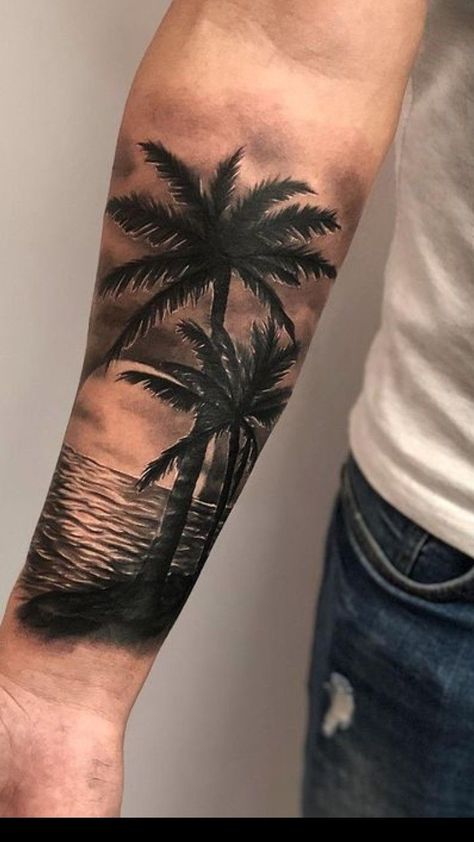 Sunset Waves Tattoo, Island Tattoo Men, Tropical Tattoo For Men, Beach Sleeve Tattoo, Beach Tattoo For Men, Palm Tree Tattoo Men, Strand Tattoo, Beach Tattoo Ideas, Beach Inspired Tattoos