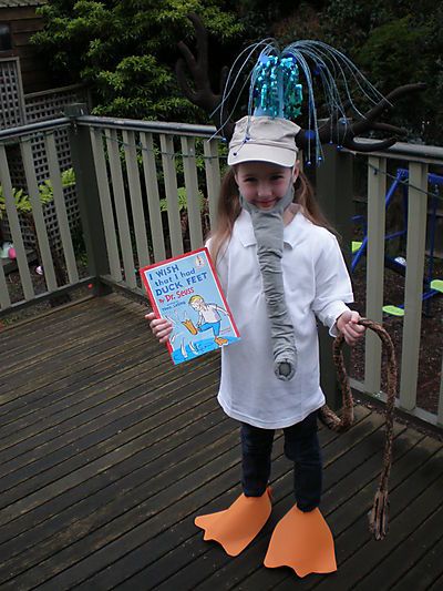 Such a cute idea, from Dr. Seuss's book, I Wish That I Had Duck Feet. Thing Costumes Dr Seuss, Favorite Dr Seuss Character Costume, Dress Like Dr Seuss Character, Dr Seuss Customes Ideas Diy, Dr Seuss Sneetches Costume, Animals Mask, Storybook Costumes, I'm Over It, Seuss Costumes