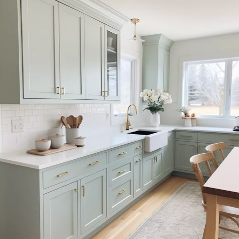 Sea Salt Kitchen Cabinets, Sherwin Williams Misty, Sea Salt Coordinating Colors, Sea Salt Kitchen, Bathroom Painting Ideas, Creative Wall Painting Ideas, Bright Green Paint, Sw Sea Salt, Sea Salt Paint