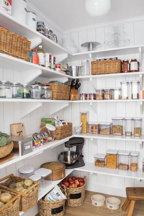 Kitchen pantry with shiplap trim Deep Pantry, Pantry Layout, Organized Pantry, Custom Shelving, Colonial Style Homes, Butlers Pantry, Kitchen Organization Pantry, Kitchen Organization Diy, Pantry Ideas