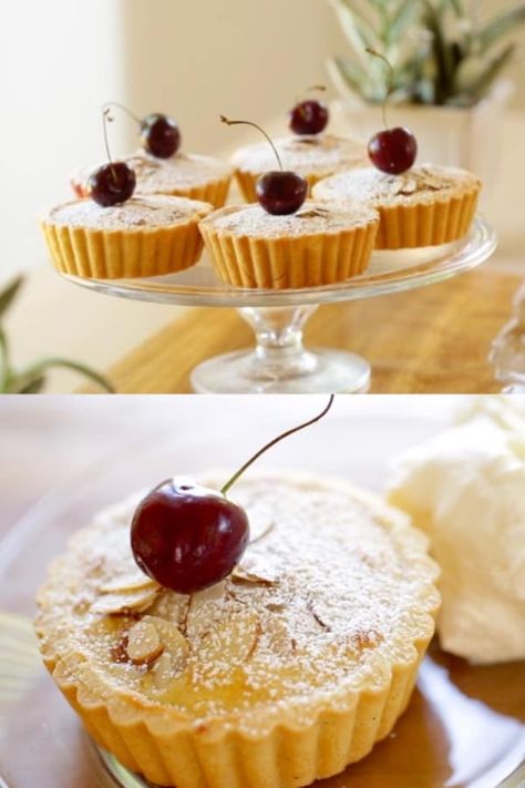 Mini Bakewell Tart Recipe, Bakewell Tart Recipe Mary Berry, Mini Bakewell Tart, 4 Inch Tart Recipes, Mini Cherry Tarts, Small Tarts Desserts, English Tarts, Cherry Tarts Mini, Mini Tarts Dessert