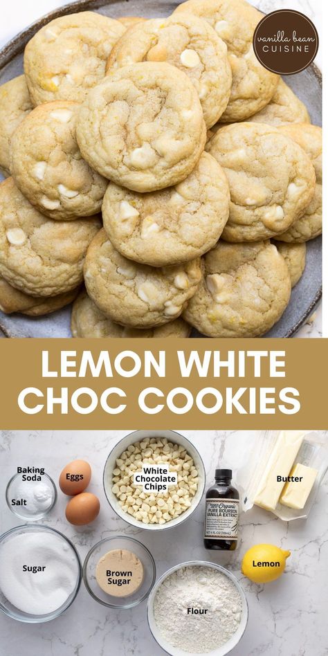 These soft and chewy Lemon White Chocolate Cookies are the perfect texture with a sweet and subtle lemon flavor. Perfect in a holiday cookie tin or for everyday enjoyment! Lemon Cookies With White Chocolate Chips, Baking White Chocolate, Lemon And White Chocolate Cookies, White Chocolate Lemon Cookies, Cookie Recipes White Chocolate Chips, Lemon Chocolate Chip Cookies, Lemon Crumble Cookies, Baking Recipes Lemon, Recipes With White Chocolate