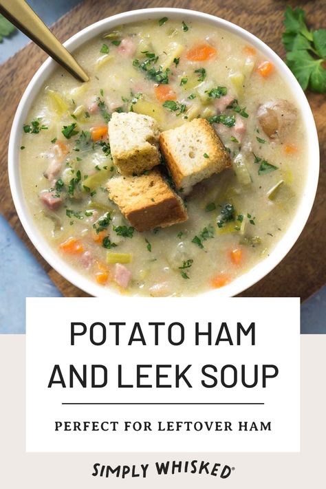 This creamy potato ham and leek soup is rich and dairy free. It comes together quickly, and it's the best way to use up leftover ham. Potato Leek Cabbage Soup, Ham Potato Leek Soup Crock Pot, Potato Leek Soup With Ham, Ham Leek And Potato Soup, Ham Potato Leek Soup, Potato Leek Ham Soup Recipe, Ham And Leek Soup, Leak And Potato Soup Recipes, Leek Recipes Soup